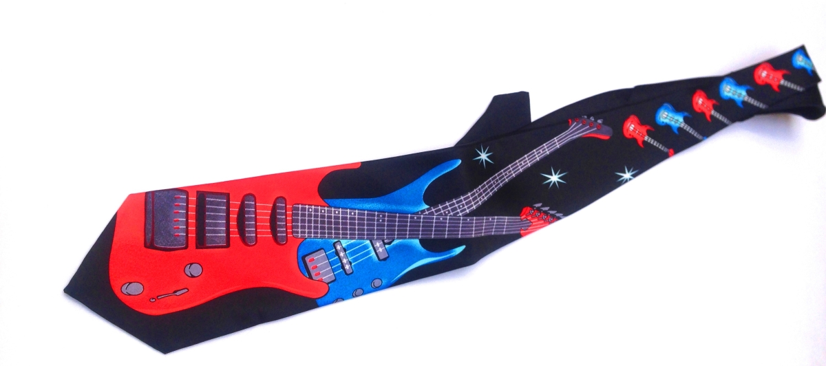 Elektrogitar Desenli Polyester Siyah Kravat - Thumbnail