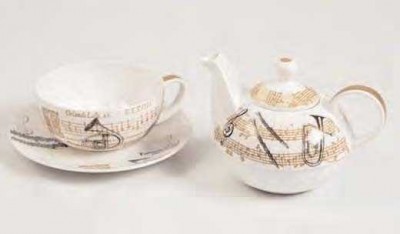 Enstrümanlı Porselen Çay Fincanı ve Demlik - Thumbnail