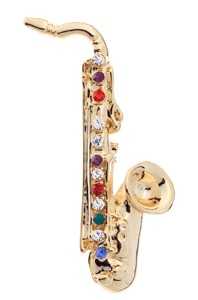 Renkli Yapay Elmas Taşlı Saksafon Broş - Gold - AİM GİFTS